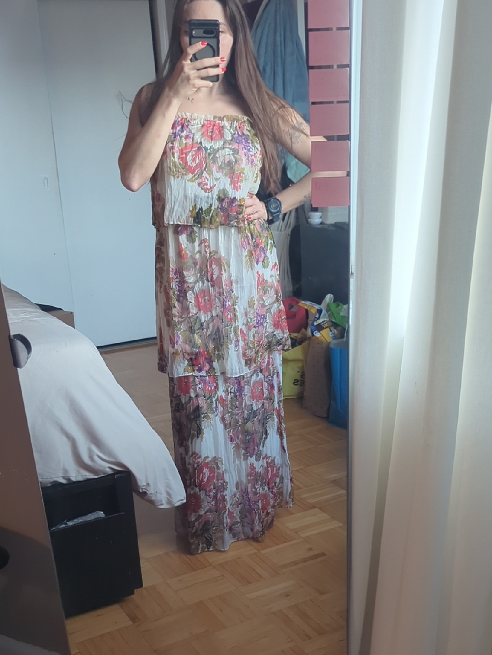 Floral Tiered Maxi Dress - Pink & Green